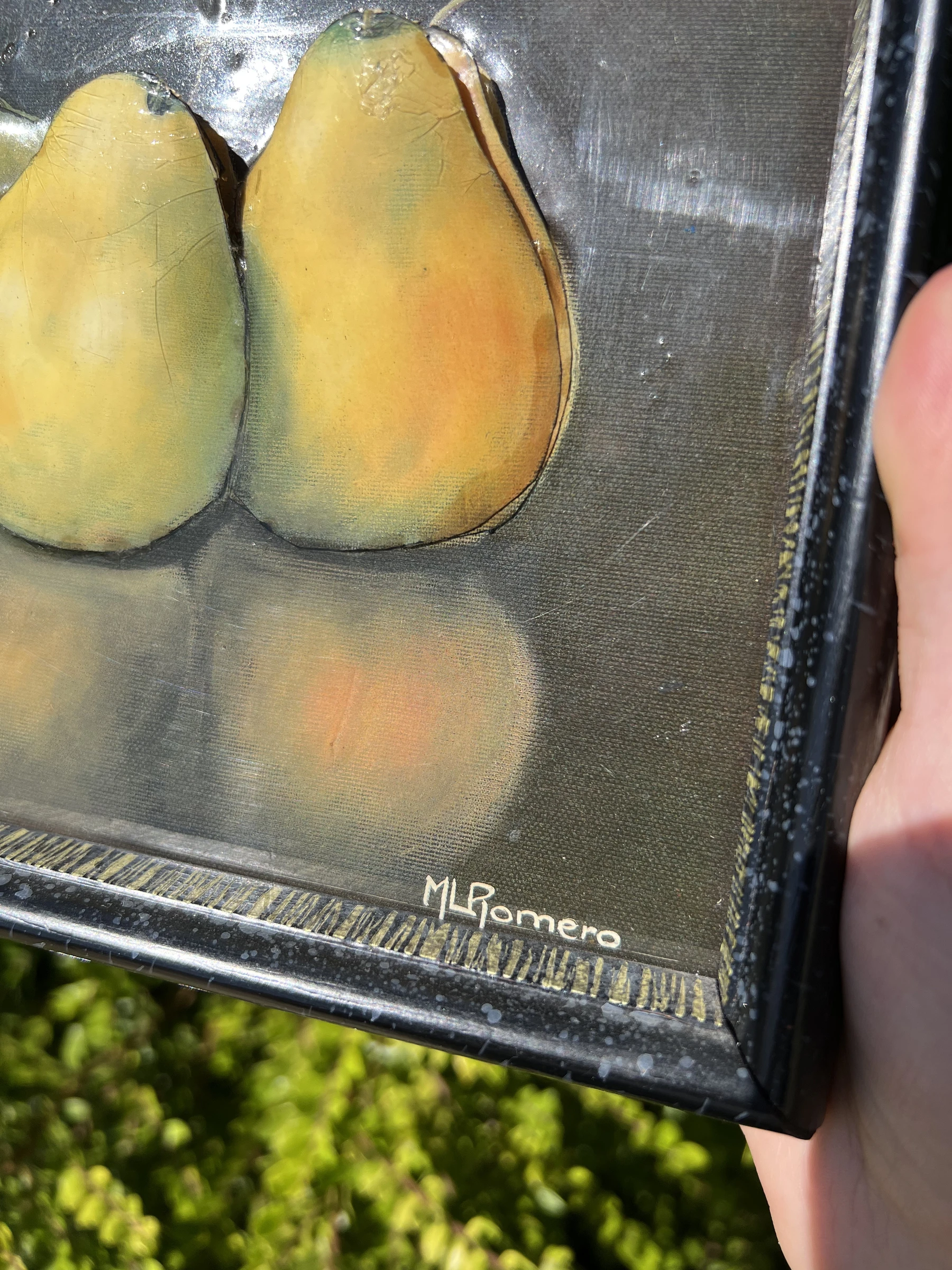 🍐 Op druk bord gesigneerd MLRomero – Stilleven met peren & glas – Vintage – photo 4